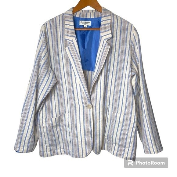 Norm Thompson Linen Blend Women's Blue Beige Striped Blazer Jacket Size L - Picture 1 of 7